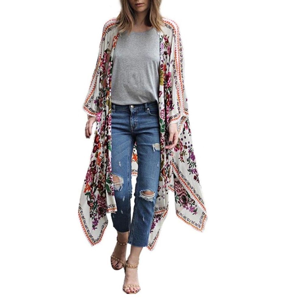 chiffon poly floral boho kimono coverup shawl M